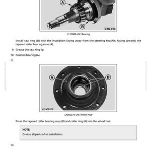 May include: Diagram of automotive parts, including a bearing and wheel hub. The image shows detailed views with labels (A) and (B), and text instructions for installation. The text includes part numbers and installation notes.