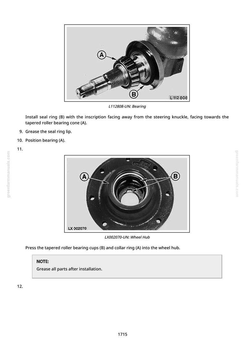 May include: Diagram of automotive parts, including a bearing and wheel hub. The image shows detailed views with labels (A) and (B), and text instructions for installation. The text includes part numbers and installation notes.
