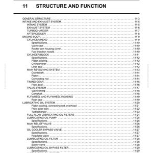 Op de afbeelding: Een pagina uit een handleiding getiteld "Structuur en Functie" met een gedetailleerde inhoudsopgave. Het bevat motoronderdelen zoals het inlaat- en uitlaatsysteem, de cilinderkop en het smeeroliesysteem.