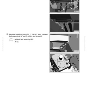 May include: Diagram illustrating the removal and installation of a hydraulic tank assembly. The image shows detailed steps, including removing mounting bolts (28) and (29), and the hydraulic tank assembly (30). The text indicates the tank weighs 30 kg.