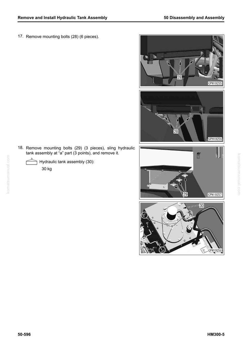 May include: Diagram illustrating the removal and installation of a hydraulic tank assembly. The image shows detailed steps, including removing mounting bolts (28) and (29), and the hydraulic tank assembly (30). The text indicates the tank weighs 30 kg.