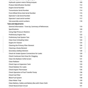 May include: A page from a manual with a list of tractor maintenance and adjustment topics. The text includes topics like "Engine Air Cleaner", "Check Radiator for Leaks", and "Final Engine Check". The page number is 4.