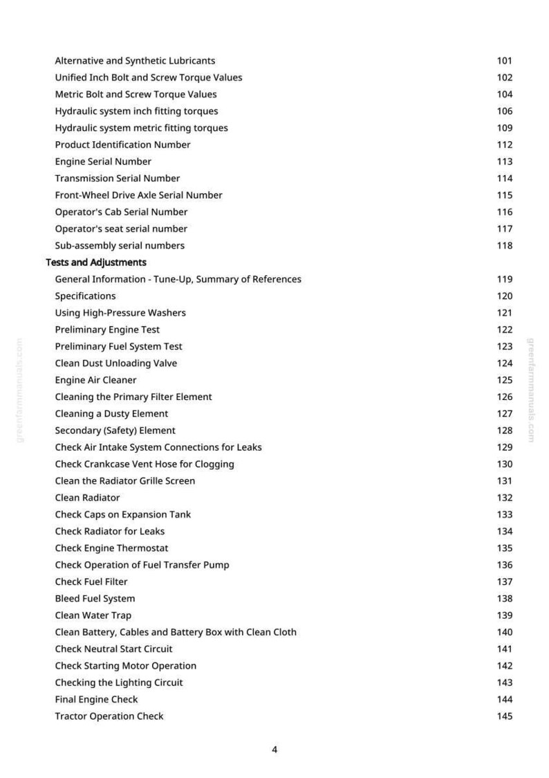 May include: A page from a manual with a list of tractor maintenance and adjustment topics. The text includes topics like "Engine Air Cleaner", "Check Radiator for Leaks", and "Final Engine Check". The page number is 4.