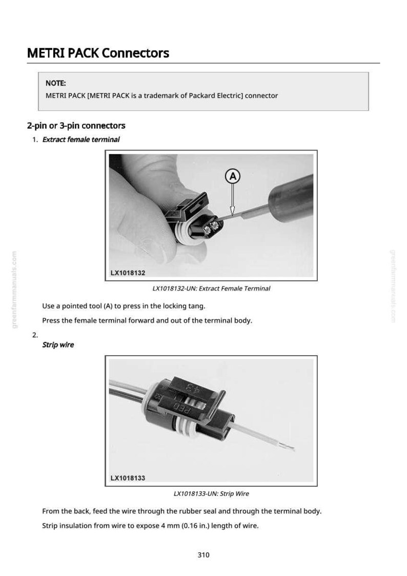 Op de afbeelding: Diagram van METRI PACK-connectoren met instructies. De afbeelding toont hoe u een vrouwelijke terminal kunt extraheren met behulp van een puntig gereedschap en hoe u draad kunt strippen om 4 mm draad bloot te leggen. De tekst bevat de opmerking dat METRI PACK een handelsmerk is van Packard Electric.