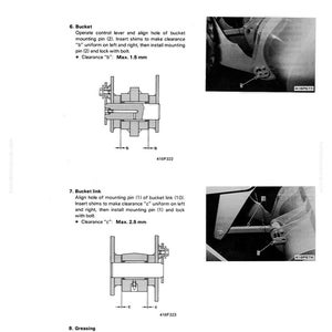 May include: A page from a manual detailing the disassembly and assembly of work equipment. The text describes procedures for bucket and bucket link components, including clearance measurements in millimeters. Diagrams and photographs illustrate the steps.