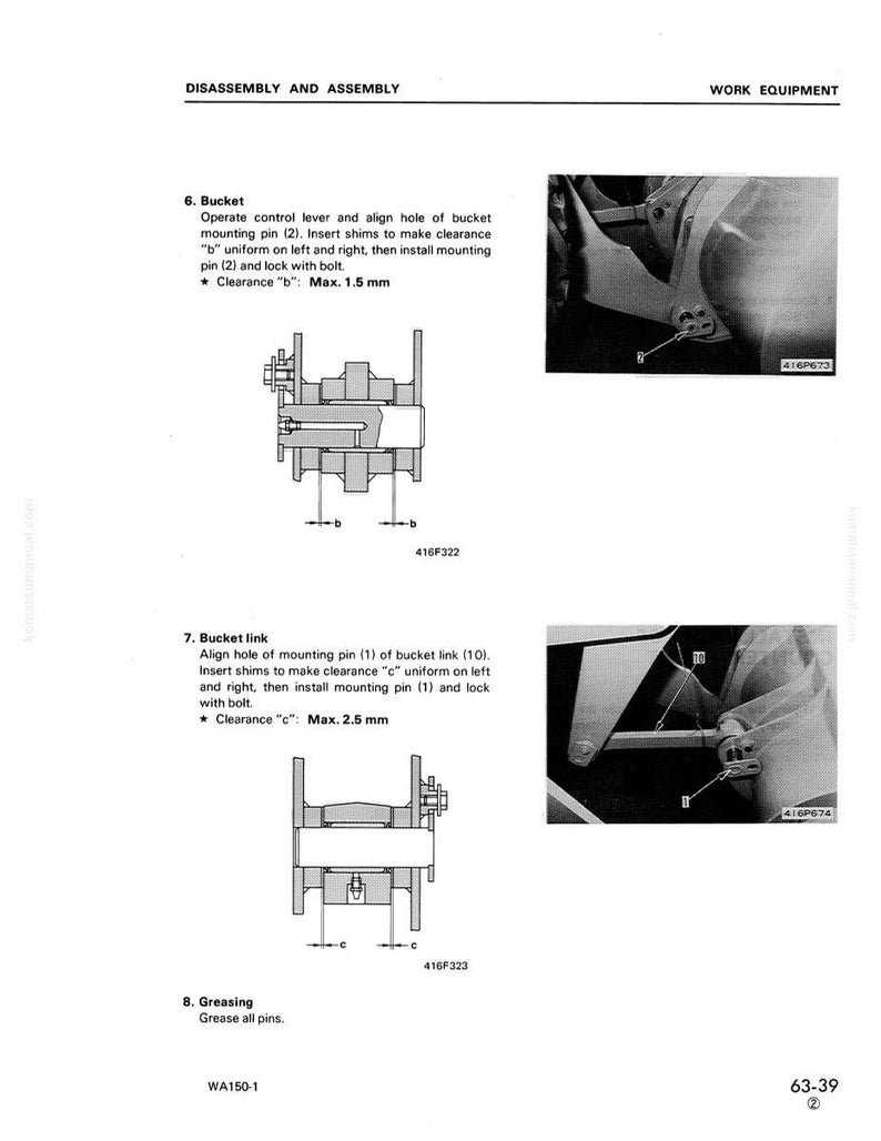 May include: A page from a manual detailing the disassembly and assembly of work equipment. The text describes procedures for bucket and bucket link components, including clearance measurements in millimeters. Diagrams and photographs illustrate the steps.