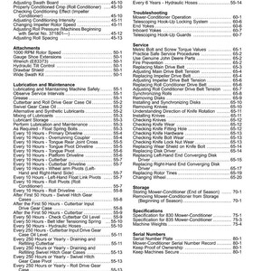 May include: A detailed table of contents from a manual, listing maintenance, troubleshooting, and specifications for a mower-conditioner. Includes sections on lubrication, service, and storage, with page numbers.