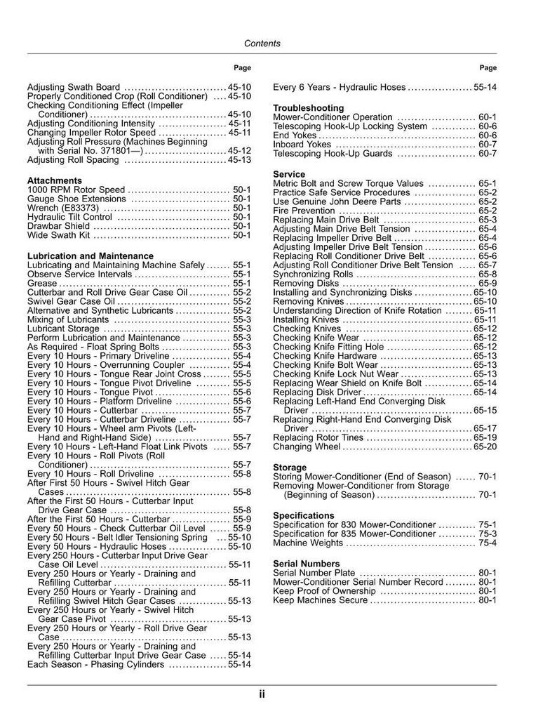 May include: A detailed table of contents from a manual, listing maintenance, troubleshooting, and specifications for a mower-conditioner. Includes sections on lubrication, service, and storage, with page numbers.