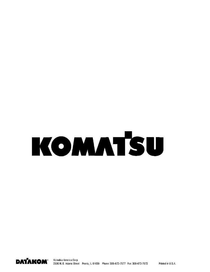 Puede incluir: La imagen muestra la palabra "KOMATSU" en negrita negra, centrada sobre un fondo blanco. Debajo, el logotipo "DATAKOM" es visible. Texto adicional incluye la direcci&oacute;n, el tel&eacute;fono y el fax de la empresa, junto con "Printed in U.S.A."