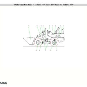 May include: Line drawing of a Weidemann 1370 compact wheel loader, with numbered parts and labels. The image includes the Weidemann logo and the text "Table of contents 1370".