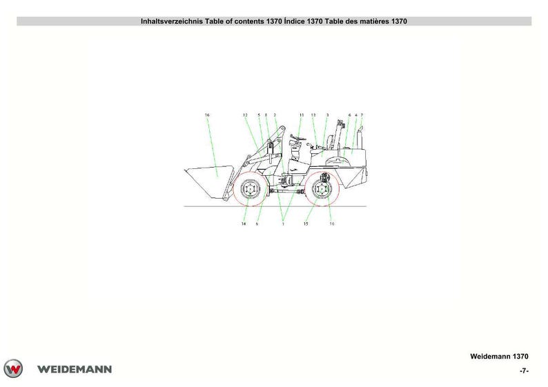 May include: Line drawing of a Weidemann 1370 compact wheel loader, with numbered parts and labels. The image includes the Weidemann logo and the text "Table of contents 1370".