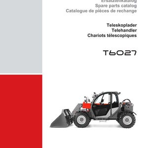 May include: A Weidemann spare parts catalog cover featuring a T6027 telehandler. The cover includes the Weidemann logo, catalog titles in multiple languages, and specifications. The telehandler is gray and red.