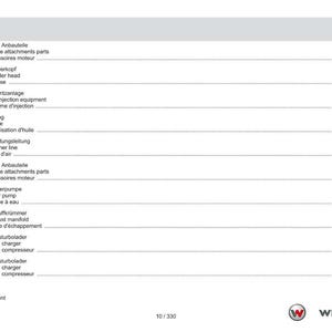 May include: A page from a Weidemann manual, featuring a table of contents in German, English, and French. The document lists engine components like the cylinder head, oil line, and turbo charger, with page numbers.