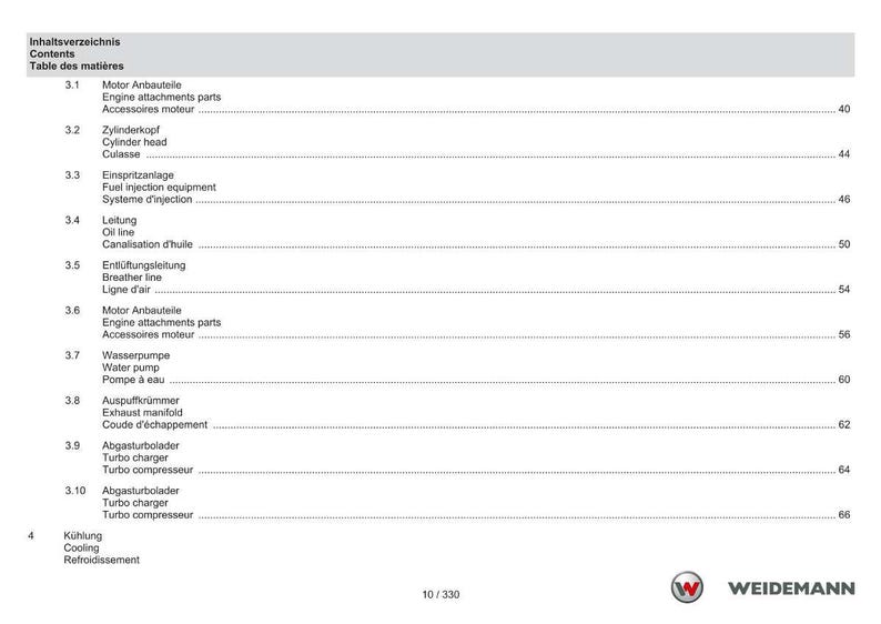May include: A page from a Weidemann manual, featuring a table of contents in German, English, and French. The document lists engine components like the cylinder head, oil line, and turbo charger, with page numbers.