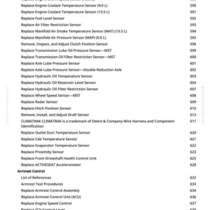 May include: A white page with a list of automotive sensor replacement instructions. The text includes sensor names like "Engine Cam Position Sensor" and "Air Filter Restriction Sensor." The page also lists "Armrest Control" components.
