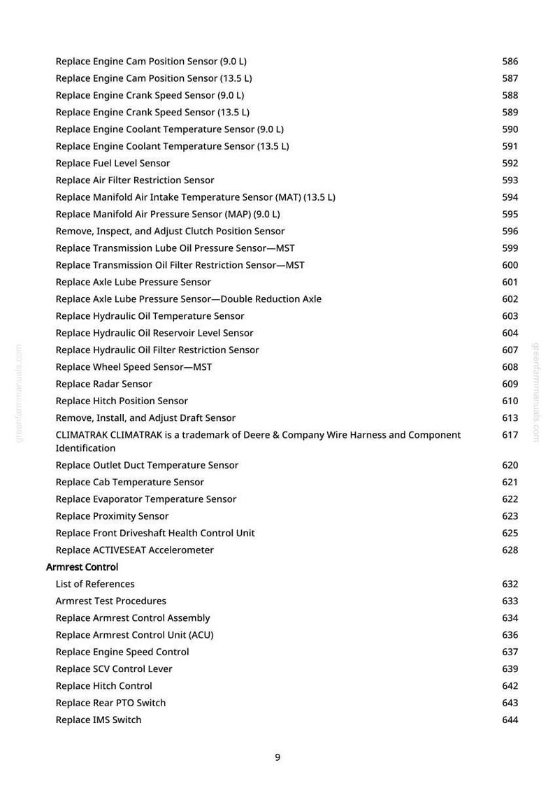 May include: A white page with a list of automotive sensor replacement instructions. The text includes sensor names like "Engine Cam Position Sensor" and "Air Filter Restriction Sensor." The page also lists "Armrest Control" components.