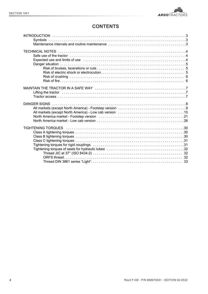 K&ouml;nnte beinhalten: Ein wei&szlig;es Dokument mit dem Titel &bdquo;INHALT&ldquo; listet verschiedene traktorbereiche auf, darunter &bdquo;EINLEITUNG&ldquo;, &bdquo;TECHNISCHE HINWEISE&ldquo; und &bdquo;ANZIEHDREHMOMENTE&ldquo;. Das Dokument stammt von ARGO TRACTORS.