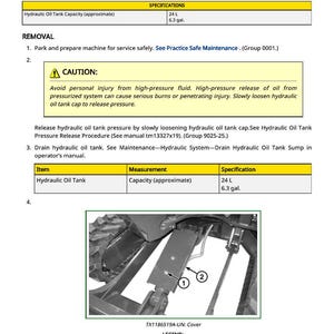 Puede incluir: Diagrama de instrucciones de extracci&oacute;n e instalaci&oacute;n del cilindro de la cuchilla. Incluye una advertencia sobre fluidos a alta presi&oacute;n y especificaciones de capacidad del dep&oacute;sito de aceite hidr&aacute;ulico: 24 L. La imagen muestra un diagrama de la cubierta y los tornillos.