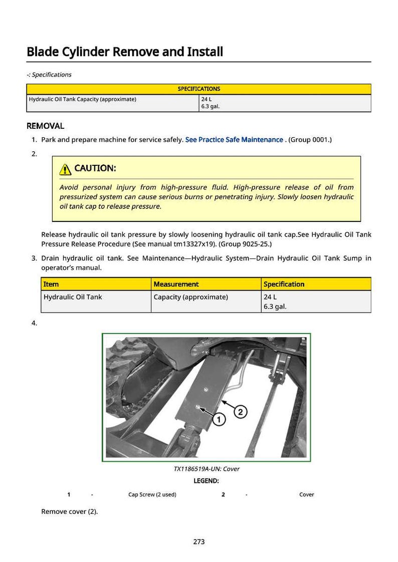 Puede incluir: Diagrama de instrucciones de extracci&oacute;n e instalaci&oacute;n del cilindro de la cuchilla. Incluye una advertencia sobre fluidos a alta presi&oacute;n y especificaciones de capacidad del dep&oacute;sito de aceite hidr&aacute;ulico: 24 L. La imagen muestra un diagrama de la cubierta y los tornillos.