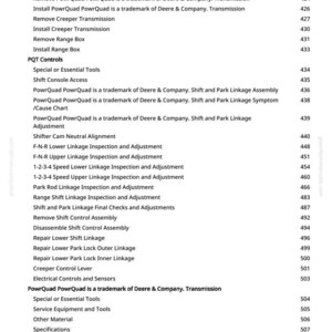 May include: A page from a manual with a list of instructions and procedures, including "Sealing Instructions- Drive Train", "Remove Drive Train", and "Install Drive Train". The document is titled "PQT Controls".