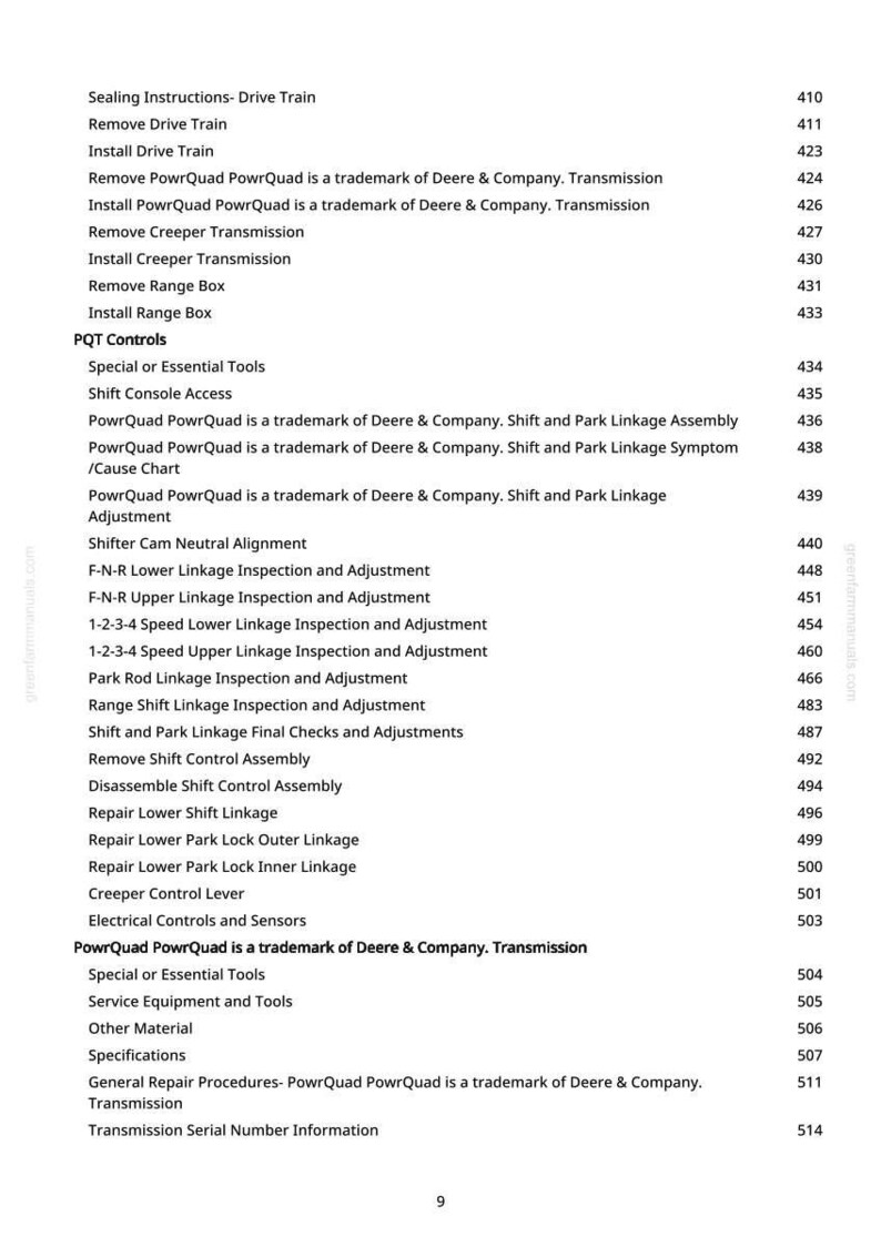 May include: A page from a manual with a list of instructions and procedures, including "Sealing Instructions- Drive Train", "Remove Drive Train", and "Install Drive Train". The document is titled "PQT Controls".