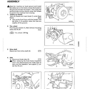 May include: Diagram of front axle disassembly and assembly instructions. The image includes detailed illustrations of the removal process, including jacking up the chassis, removing the tire, and disconnecting the drive shaft and brake tube.