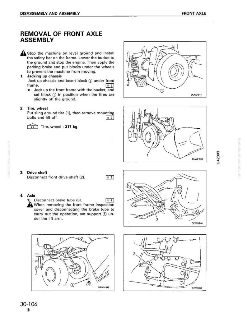 May include: Diagram of front axle disassembly and assembly instructions. The image includes detailed illustrations of the removal process, including jacking up the chassis, removing the tire, and disconnecting the drive shaft and brake tube.