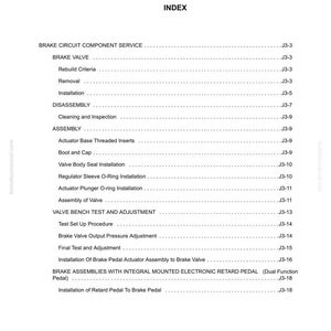 K&ouml;nnte beinhalten: Eine wei&szlig;e gedruckte Seite mit dem Titel "SECTION J3 BRAKE CIRCUIT COMPONENT SERVICE INDEX". Die Seite enth&auml;lt ein Inhaltsverzeichnis mit verschiedenen Themen zum Bremsservice, einschlie&szlig;lich "Brake Valve" und "Assembly".