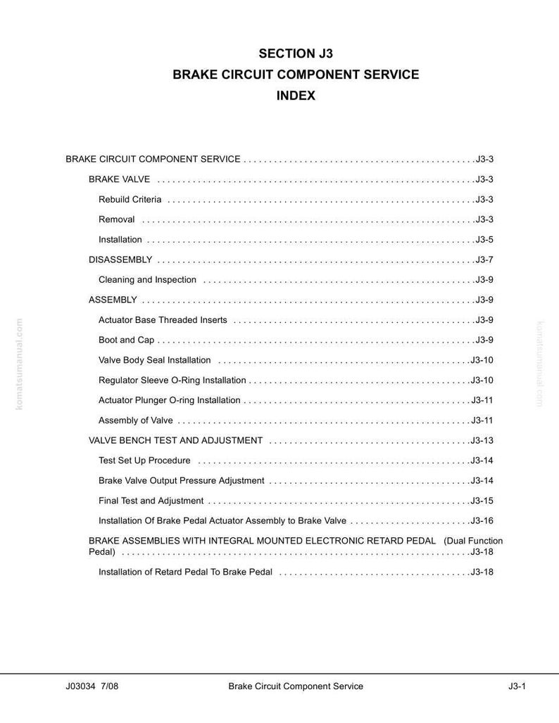 K&ouml;nnte beinhalten: Eine wei&szlig;e gedruckte Seite mit dem Titel "SECTION J3 BRAKE CIRCUIT COMPONENT SERVICE INDEX". Die Seite enth&auml;lt ein Inhaltsverzeichnis mit verschiedenen Themen zum Bremsservice, einschlie&szlig;lich "Brake Valve" und "Assembly".