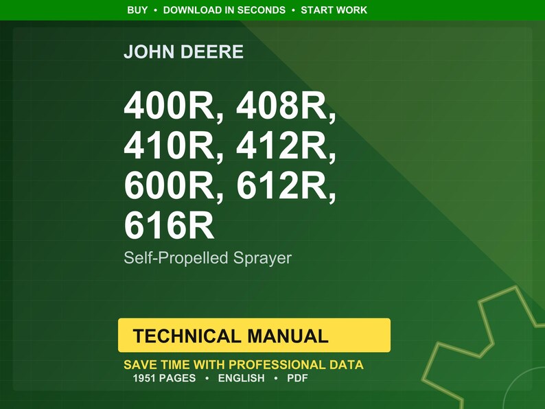 May include: A green background features the John Deere logo and the text "400R, 408R, 410R, 412R, 600R, 612R, 616R Self-Propelled Sprayer." Below is a yellow rectangle with "TECHNICAL MANUAL" and details about the manual.
