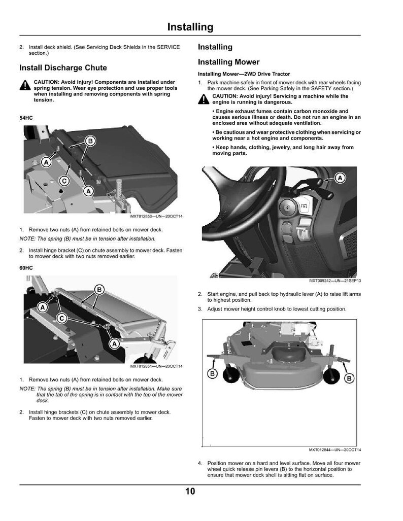 May include: Diagrams and instructions for installing a mower discharge chute and mower deck. Includes diagrams with labeled parts, such as nuts, brackets, and springs. Safety warnings are included, such as avoiding injury and wearing eye protection.