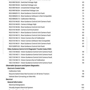May include: A white page with a list of diagnostic trouble codes for agricultural equipment. The text includes codes related to Row Guidance Control Unit and Vision Guidance Control Unit, along with other electrical system diagnostics.
