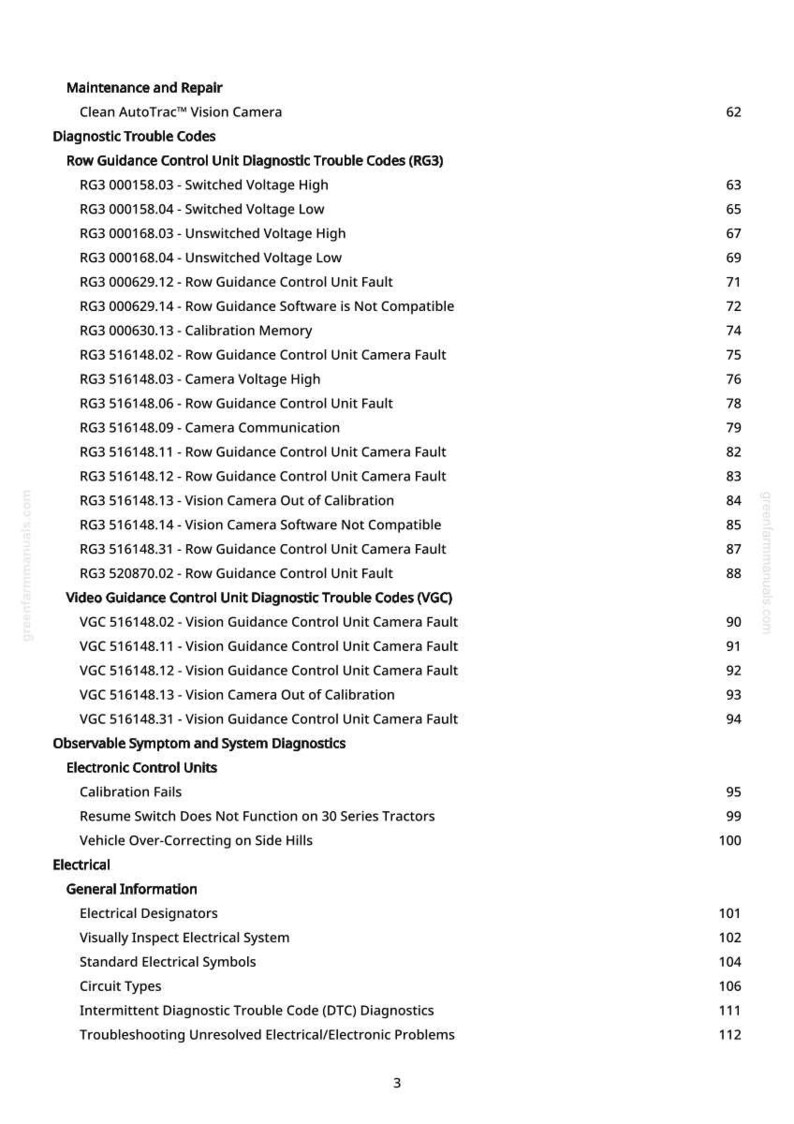 May include: A white page with a list of diagnostic trouble codes for agricultural equipment. The text includes codes related to Row Guidance Control Unit and Vision Guidance Control Unit, along with other electrical system diagnostics.