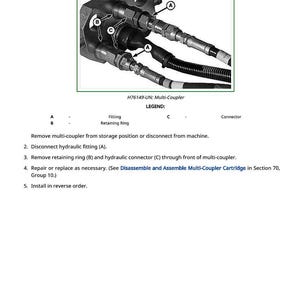 May include: Diagram of a multi-coupler hydraulic connector with labels A, B, and C. The image includes text instructions for removing and installing the connector. The text also includes the model number H76149-UN.