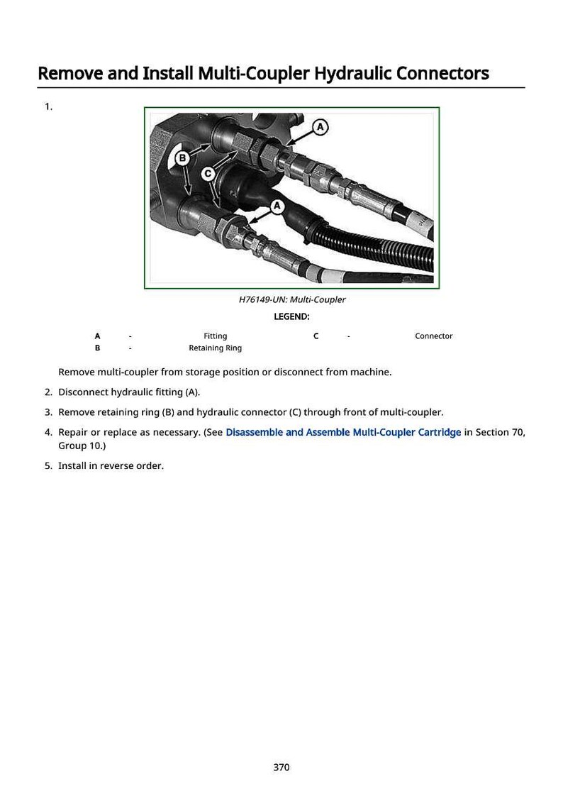 May include: Diagram of a multi-coupler hydraulic connector with labels A, B, and C. The image includes text instructions for removing and installing the connector. The text also includes the model number H76149-UN.
