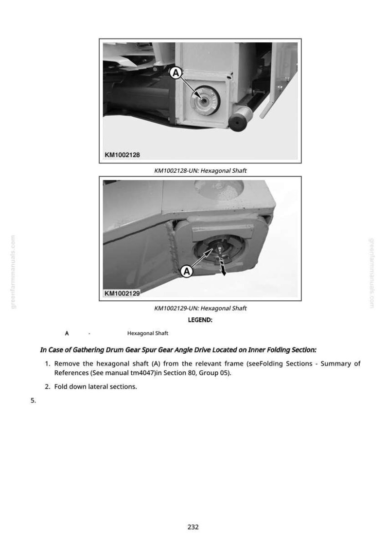 May include: Diagram of mechanical components with labels and text. The image shows two detailed views of machinery parts, including a hexagonal shaft, with labels and instructions for assembly and disassembly. The text includes part numbers and a legend.