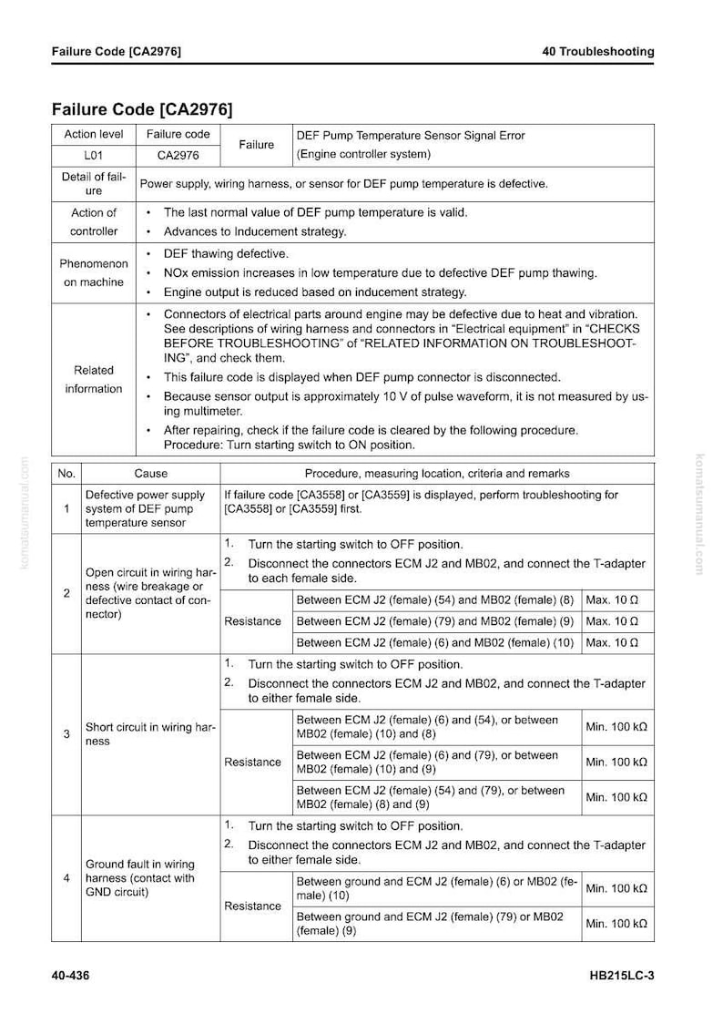 May include: A troubleshooting guide page with the title "Failure Code [CA2976]" and a table detailing the failure code, action level, and related information. The page includes instructions for diagnosing and resolving the issue, with resistance measurements in Ohms.