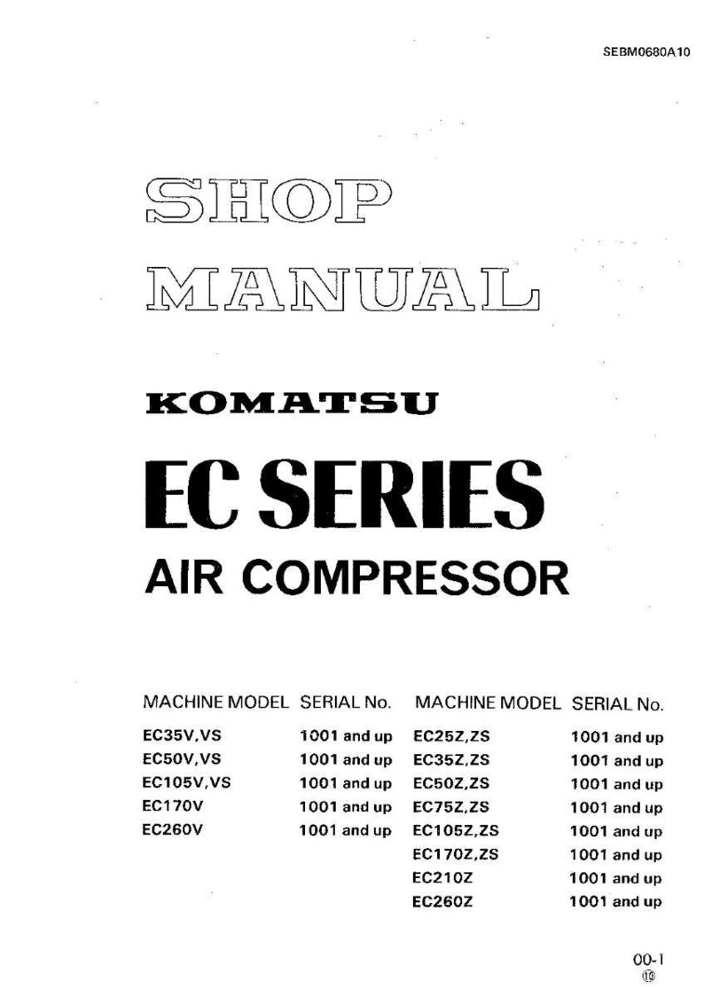 Puede incluir: Manual de taller blanco para compresores de aire Komatsu serie EC. La portada presenta el texto "SHOP MANUAL" y "EC SERIES AIR COMPRESSOR" en negrita, en negro. Incluye una lista de modelos de m&aacute;quinas y n&uacute;meros de serie.