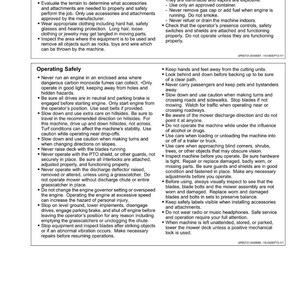 Puede incluir: Una p&aacute;gina de manual de seguridad con instrucciones para el funcionamiento de maquinaria. El texto incluye preparaci&oacute;n, funcionamiento seguro y precauciones de seguridad. La p&aacute;gina es blanca con texto negro y un peque&ntilde;o gr&aacute;fico.