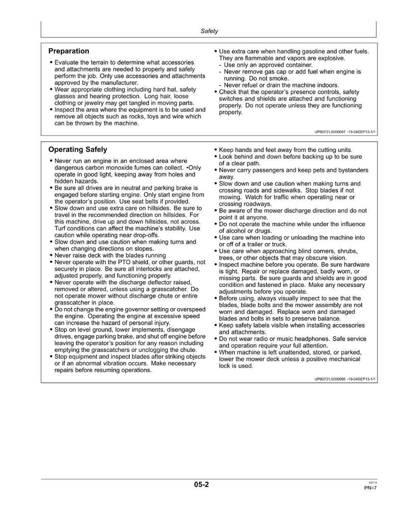 Puede incluir: Una p&aacute;gina de manual de seguridad con instrucciones para el funcionamiento de maquinaria. El texto incluye preparaci&oacute;n, funcionamiento seguro y precauciones de seguridad. La p&aacute;gina es blanca con texto negro y un peque&ntilde;o gr&aacute;fico.