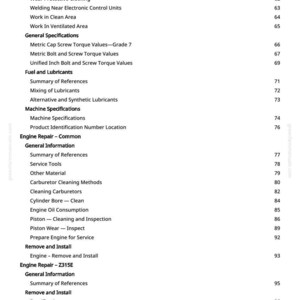 May include: A page from a manual with a table of contents. The text includes topics like "Engine Repair", "Fuel and Lubricants", and "Machine Specifications". The page number is visible at the bottom.