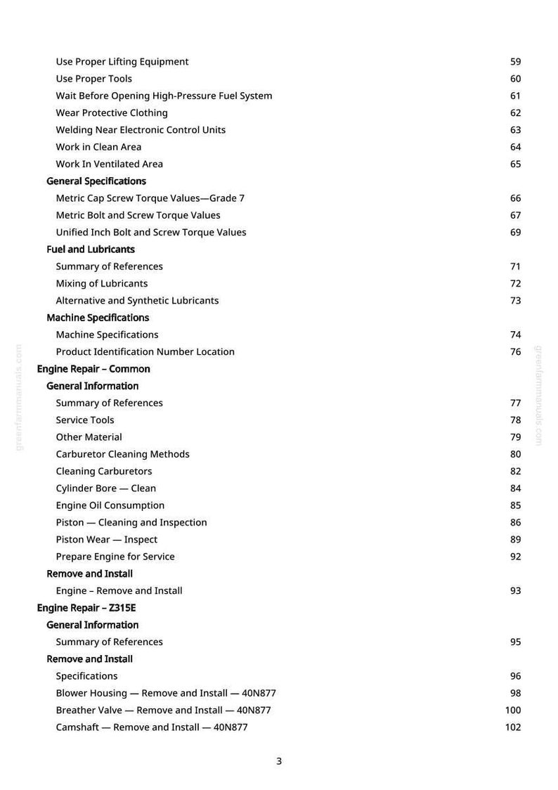 May include: A page from a manual with a table of contents. The text includes topics like "Engine Repair", "Fuel and Lubricants", and "Machine Specifications". The page number is visible at the bottom.