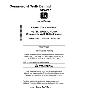 Pu&ograve; includere: Una pagina bianca del manuale dell'operatore John Deere per tosaerba commerciali a piedi. Il manuale include avvertenze sugli scarichi dei motori diesel e a benzina, nonch&eacute; avvertenze della Proposizione 65.