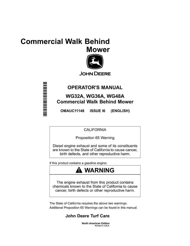 Pu&ograve; includere: Una pagina bianca del manuale dell'operatore John Deere per tosaerba commerciali a piedi. Il manuale include avvertenze sugli scarichi dei motori diesel e a benzina, nonch&eacute; avvertenze della Proposizione 65.
