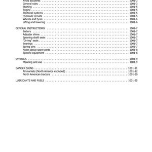 May include: A white page with the title "TABLE OF CONTENTS" and a list of topics including "SAFETY NOTES", "GENERAL INSTRUCTIONS", "SYMBOLS", "DANGER SIGNS", and "LUBRICANTS AND FUELS". Each topic has a corresponding page number.