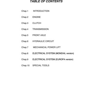 May include: A white page with a table of contents for a manual. The title reads "TABLE OF CONTENTS". Chapters include Introduction, Engine, Clutch, Transmission, Front Axle, and more. The page has a logo in the top right corner.