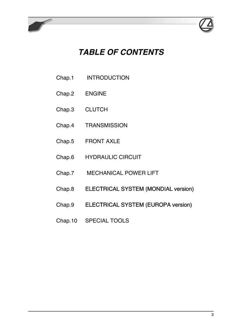 May include: A white page with a table of contents for a manual. The title reads "TABLE OF CONTENTS". Chapters include Introduction, Engine, Clutch, Transmission, Front Axle, and more. The page has a logo in the top right corner.