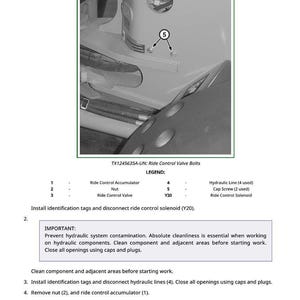 May include: An image of a mechanical diagram with text. The diagram shows the Ride Control Valve Bolts, including the Ride Control Accumulator, Nut, and Ride Control Valve. The text includes instructions for installation and maintenance.
