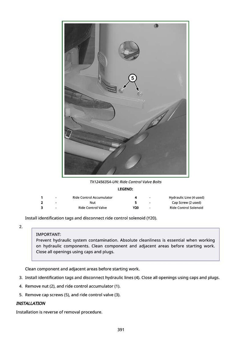May include: An image of a mechanical diagram with text. The diagram shows the Ride Control Valve Bolts, including the Ride Control Accumulator, Nut, and Ride Control Valve. The text includes instructions for installation and maintenance.