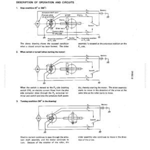 Op de afbeelding: Diagram van elektrische circuits met labels en annotaties. De afbeelding toont een schema met tekst die de werking van de circuits beschrijft, inclusief stop-, start- en draaivoorwaarden. Het diagram bevat componenten zoals een batterij, schakelaar en motor.